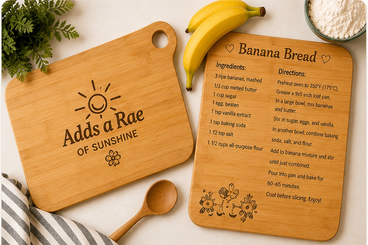 Personalized Adds a Rae cutting board and banana bread recipe board